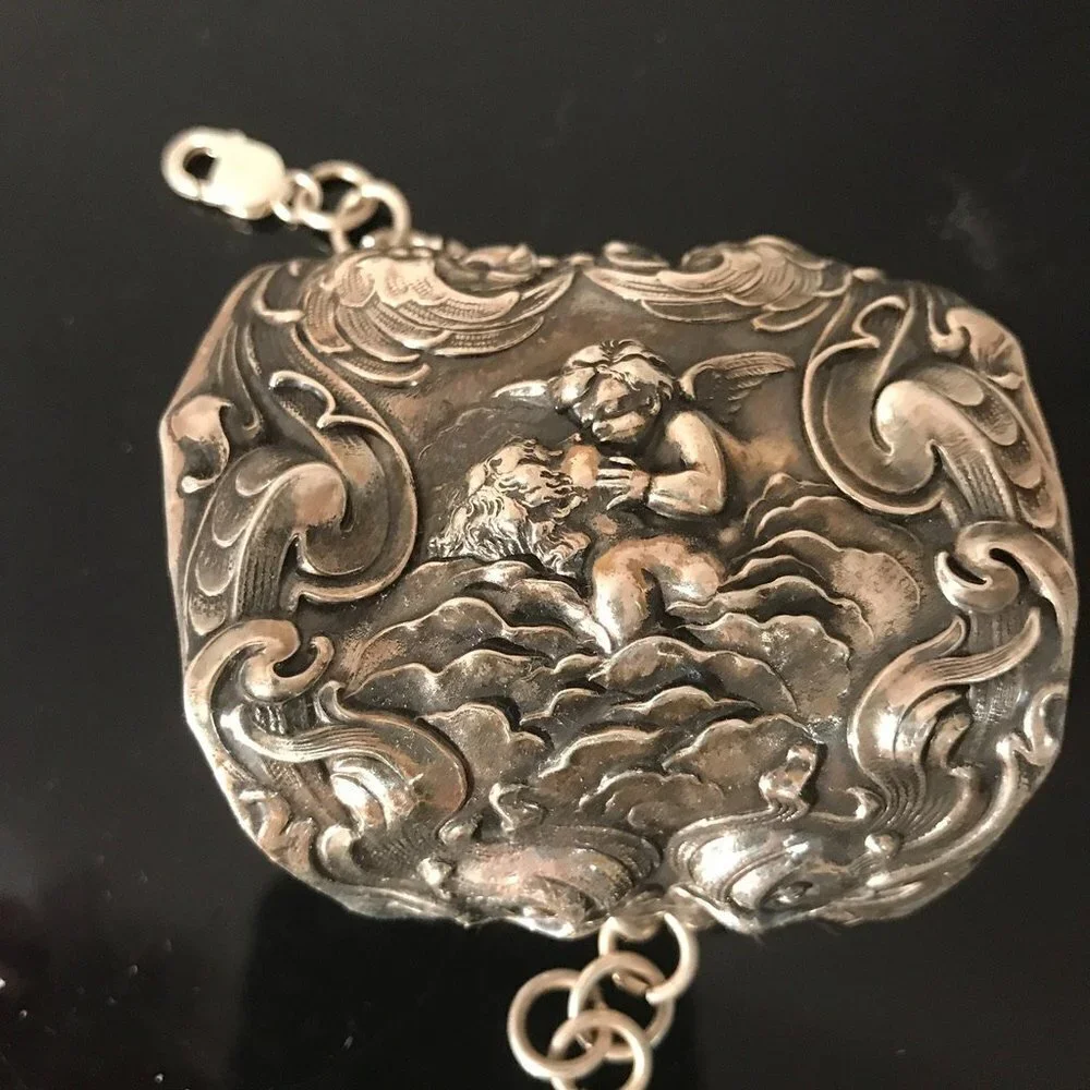 Kissing Cherub Wide Sterling Silver Cuff Bracelet Unger Brothers Angel Putti